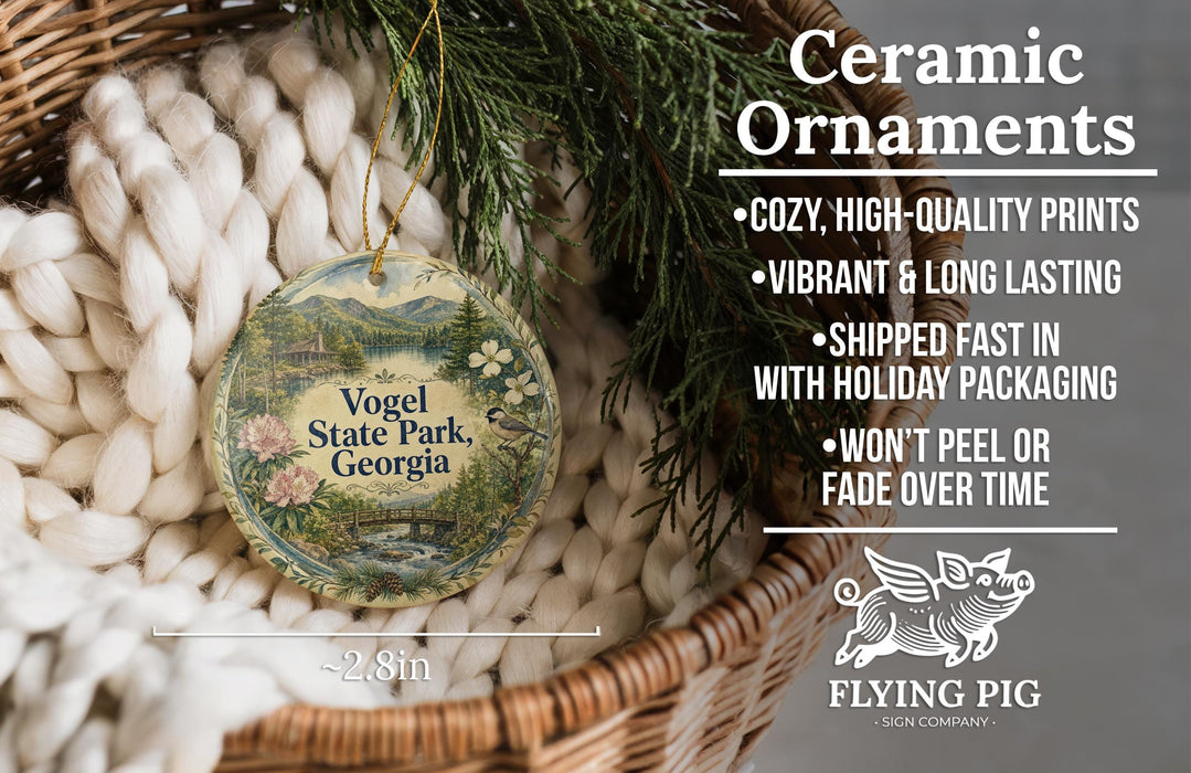 Ceramic ornaments, featuring a detailed image of Vogel State Park, Georgia, hanging from a wicker basket.