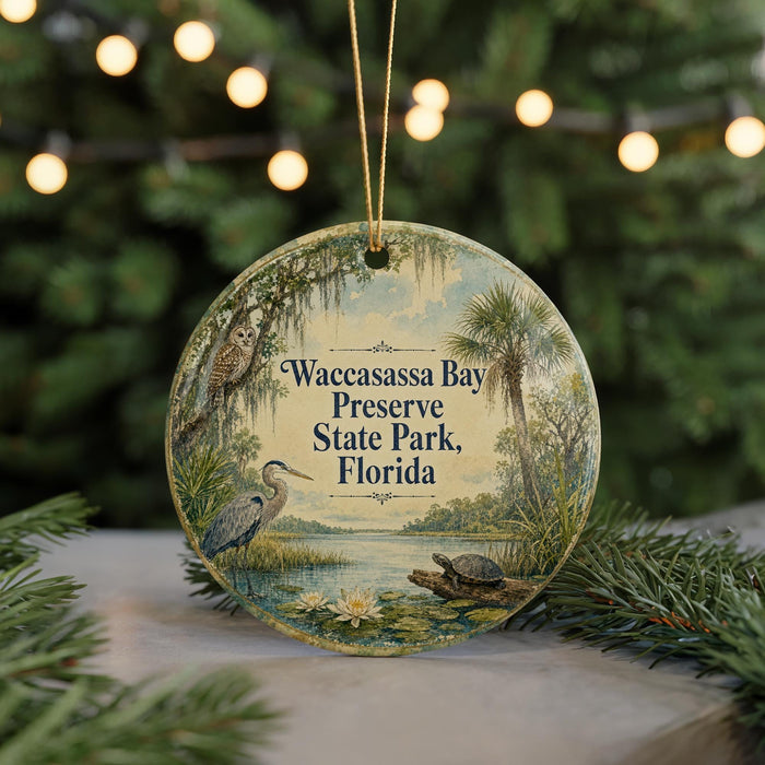 A circular ornament with a bird and a turtle, surrounded by greenery, hangs in front of a blurred background with twinkling lights.