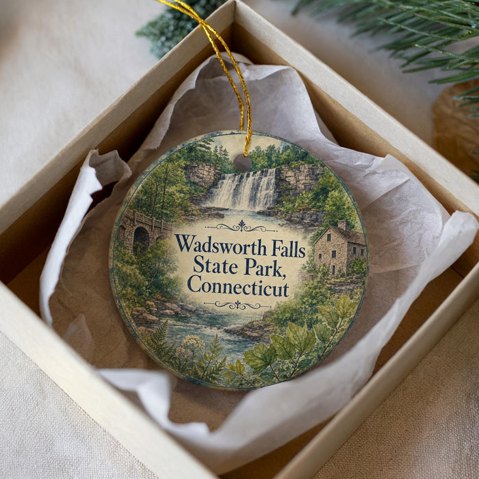 A circular ornament with a scenic image of Wadsworth Falls, a waterfall in Connecticut, displayed in a box with a gold string.