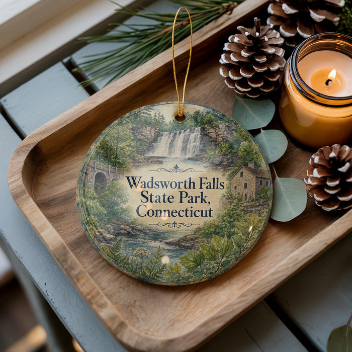 A wooden tray with a decorative ornament featuring a waterfall and a house, along with pine cones and a lit candle, creating a cozy and festive atmosphere.