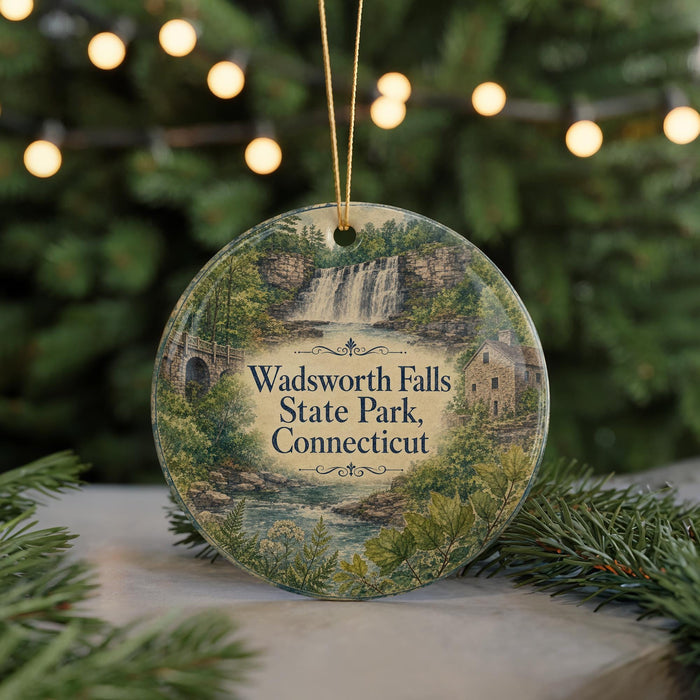 A circular ornament with a scenic image of Wadsworth Falls, State Park, Connecticut, surrounded by greenery and a string of lights.