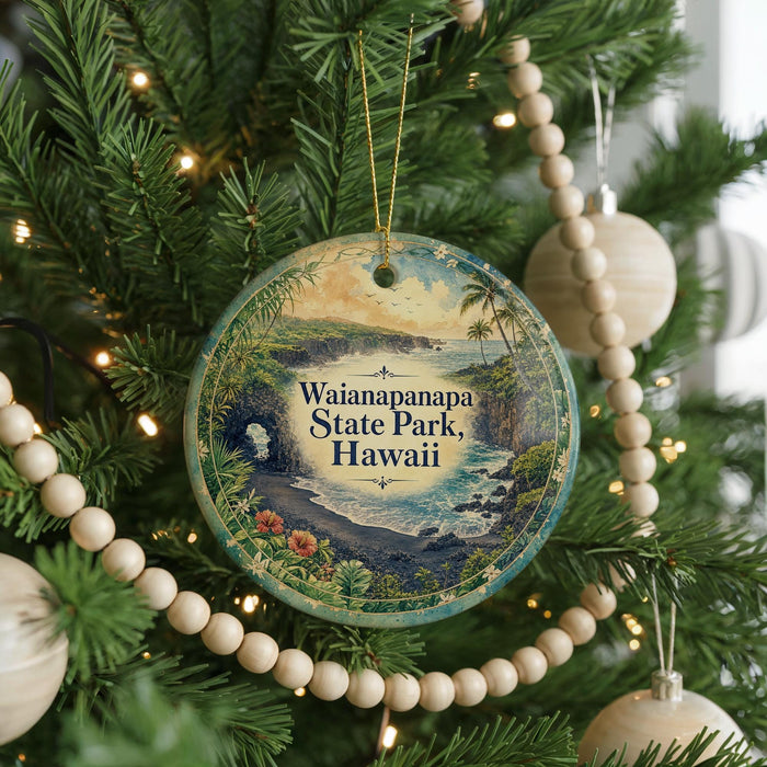 A circular ornament hanging on a Christmas tree, featuring a tropical landscape with palm trees and a body of water.