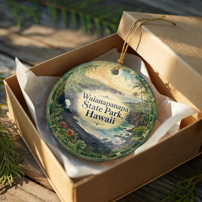 A circular ornament with a tropical landscape design, placed in a cardboard box with a gold string.