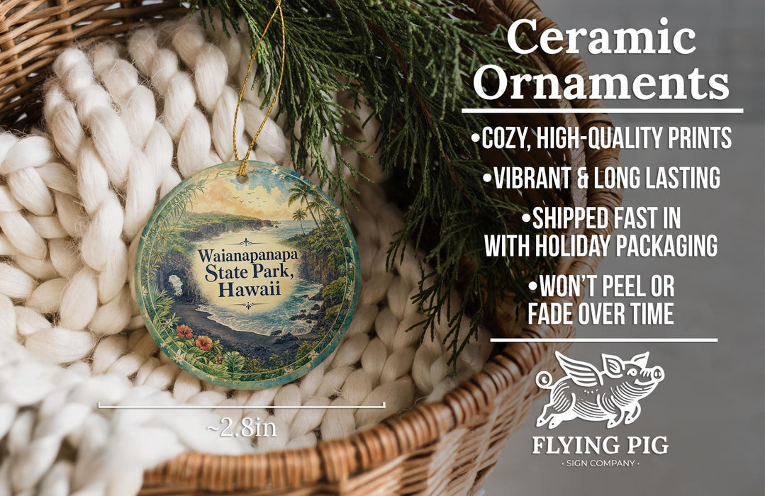 Ceramic ornaments, featuring a Waiopanana State Park, Hawaii ornament hanging from a wicker basket.