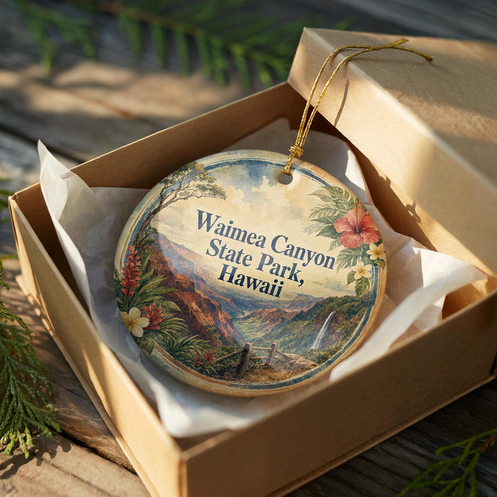 A round ornament in a box, featuring a scenic landscape of Waimea Canyon State Park, Hawaii.