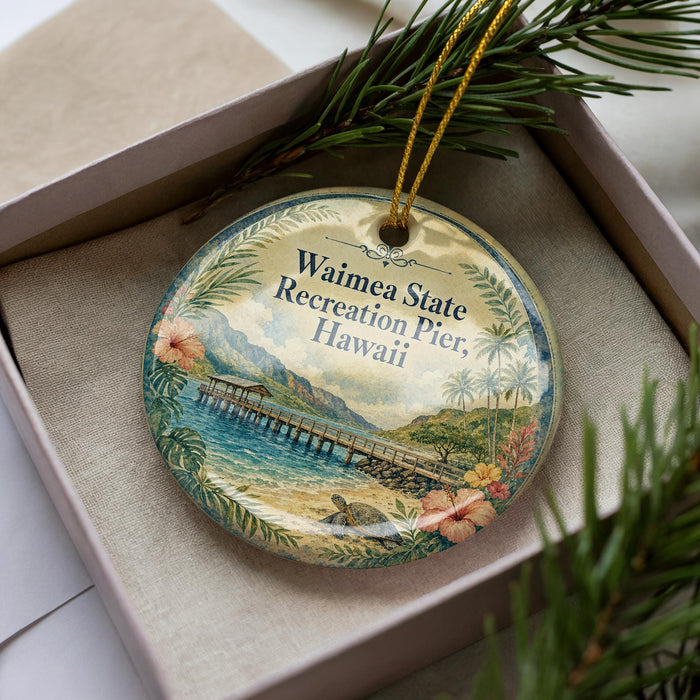 A circular ornament with a tropical island scene, featuring a wooden pier, palm trees, and a beach. The ornament is displayed in a box with pine branches.