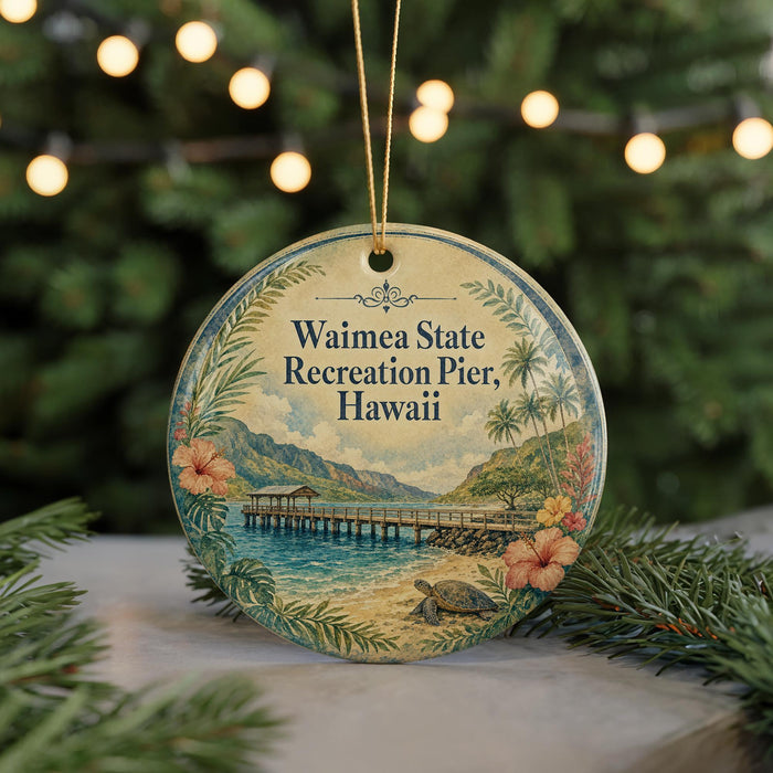 A circular ornament featuring a tropical beach scene with a pier, palm trees, and a turtle, hanging from a string.