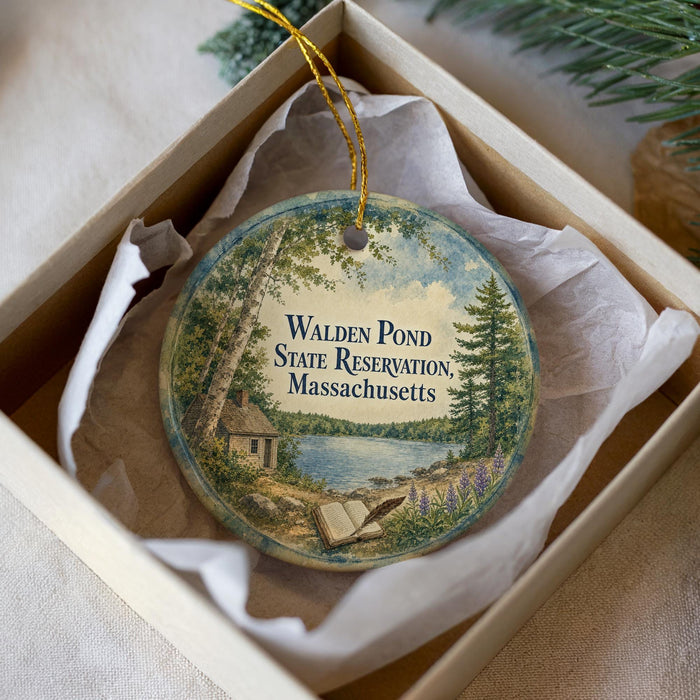 A round ornament with a painting of Walden Pond and a cabin, placed in a box with a white tissue paper lining.