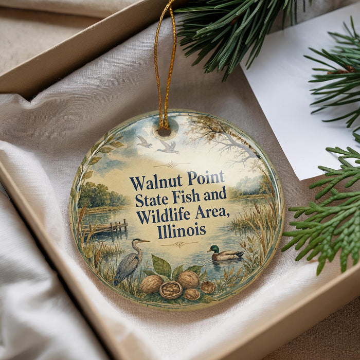 A round ornament with a scenic illustration of walnuts, birds, and a body of water, hanging from a string.