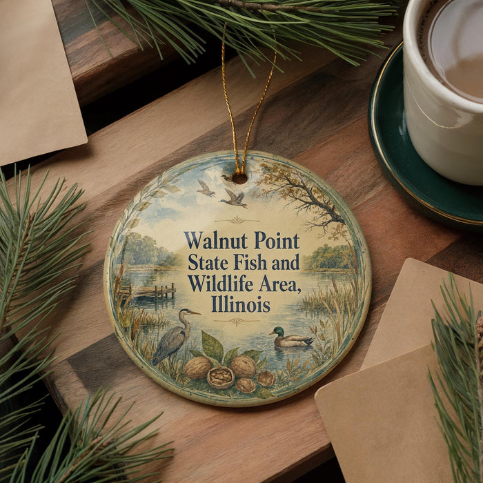 A round ornament with a nature scene and text, placed on a wooden surface next to a cup of coffee and pine branches.