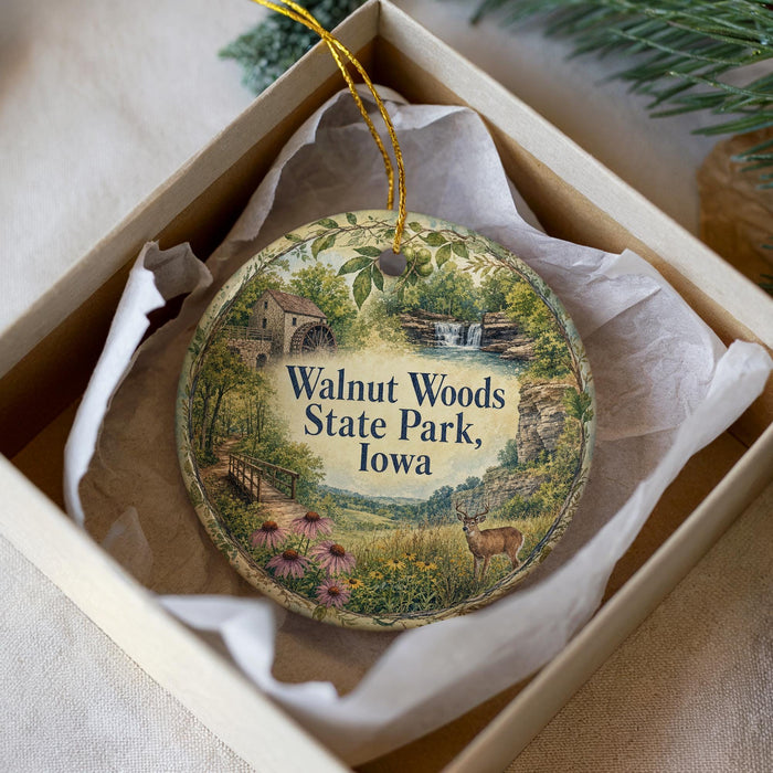 A decorative ornament in a box, featuring a scenic landscape with a river, waterfall, and various flora and fauna.