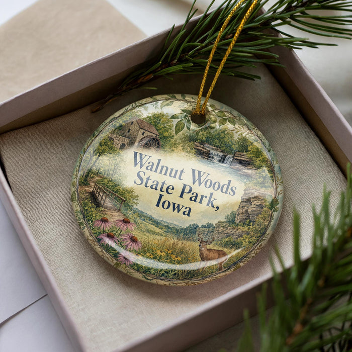 A decorative ornament with a scenic image of Walnut Woods State Park, Iowa, featuring a waterfall, a bridge, and various natural elements.