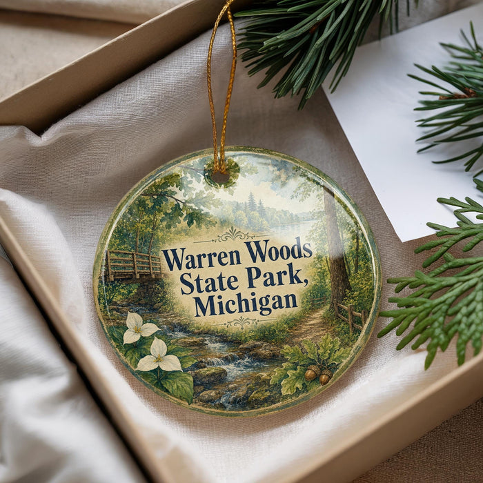 A decorative ornament with a scenic image of Warren Woods State Park, Michigan, hanging from a string.