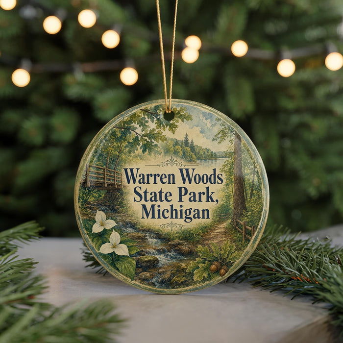 A circular ornament with a scenic image of Warren Woods State Park, Michigan, featuring a forest, a stream, and white flowers.