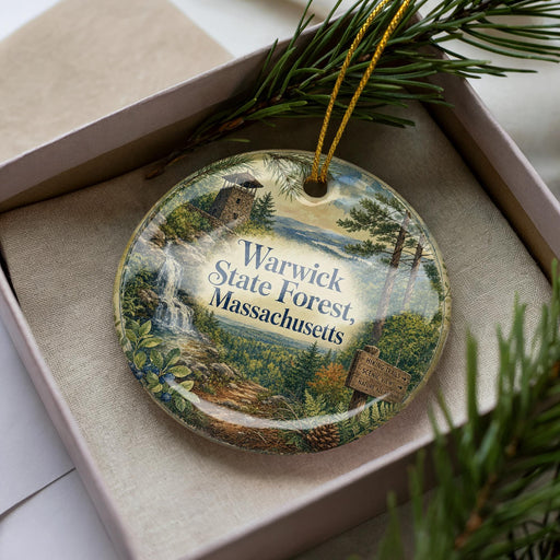 A decorative ornament with a scenic landscape of the Warwick State Forest in Massachusetts, featuring a waterfall, pine trees, and a sign indicating a "National Park".