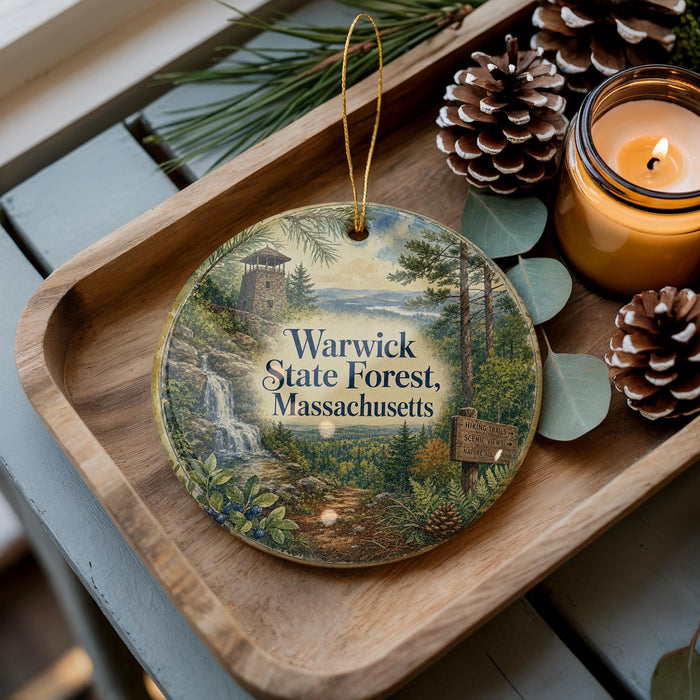 A wooden tray with a decorative ornament featuring a scenic landscape of the Warwick State Forest in Massachusetts, accompanied by pine cones and a lit candle.