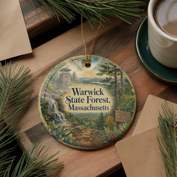 A circular ornament featuring a scenic landscape of the Warwick State Forest in Massachusetts, with a waterfall, pine trees, and a sign indicating hiking trails.