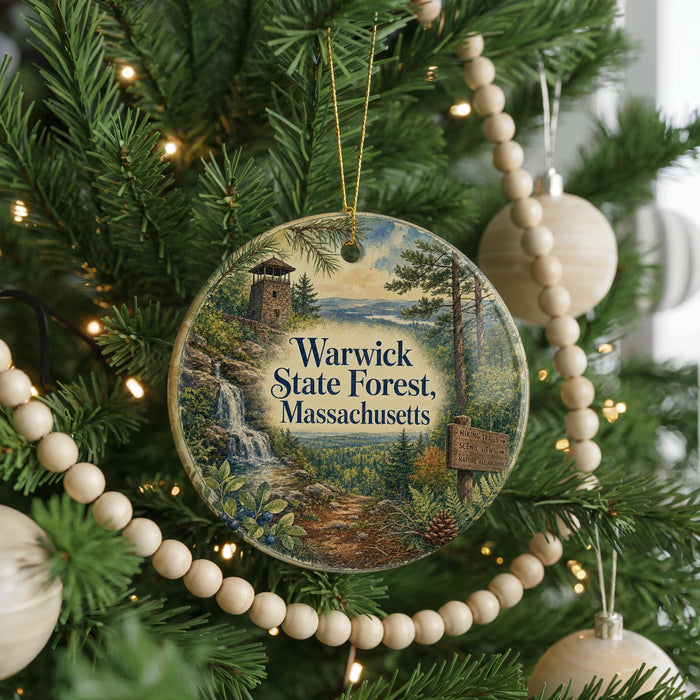 A round ornament on a Christmas tree, featuring a scenic image of the Warwick State Forest in Massachusetts.