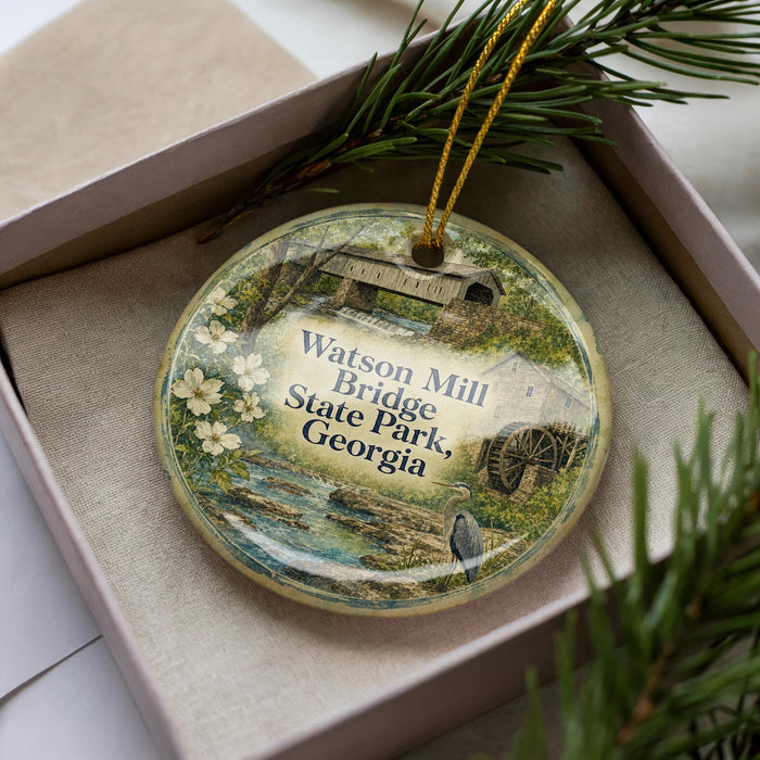 A decorative ornament in a box, featuring a scenic image of Watson Mill Bridge in Georgia.