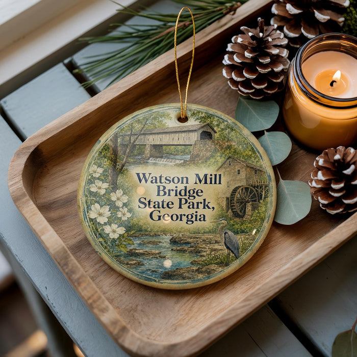 A wooden tray with a decorative ornament featuring a scenic image of Watson Mill Bridge and State Park in Georgia, accompanied by pine cones and a lit candle.