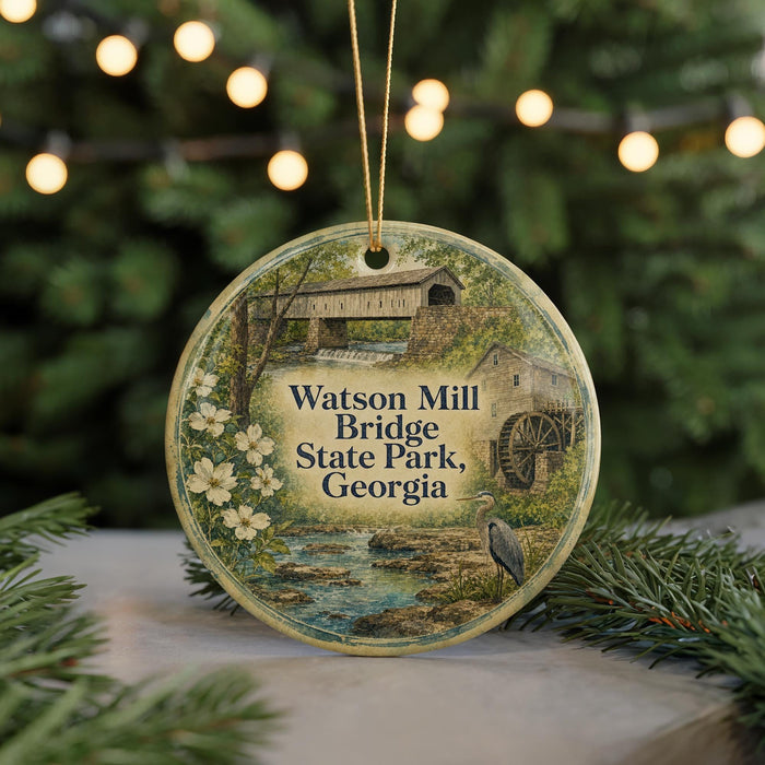 A round ornament with a painting of a bridge and a bird, surrounded by greenery, hangs in front of a blurred background with twinkling lights.