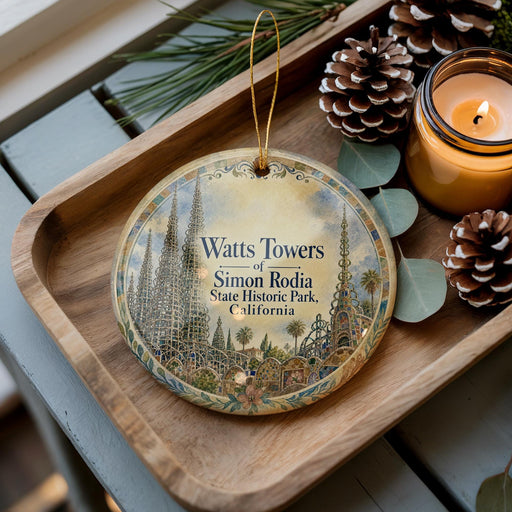 A decorative ornament featuring the image of Watts Towers in Simon Rodia State Historic Park, California, with pine cones and a lit candle on a wooden tray.