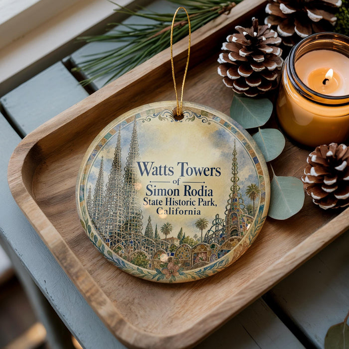 A decorative ornament featuring the image of Watts Towers in Simon Rodia State Historic Park, California, with pine cones and a lit candle on a wooden tray.