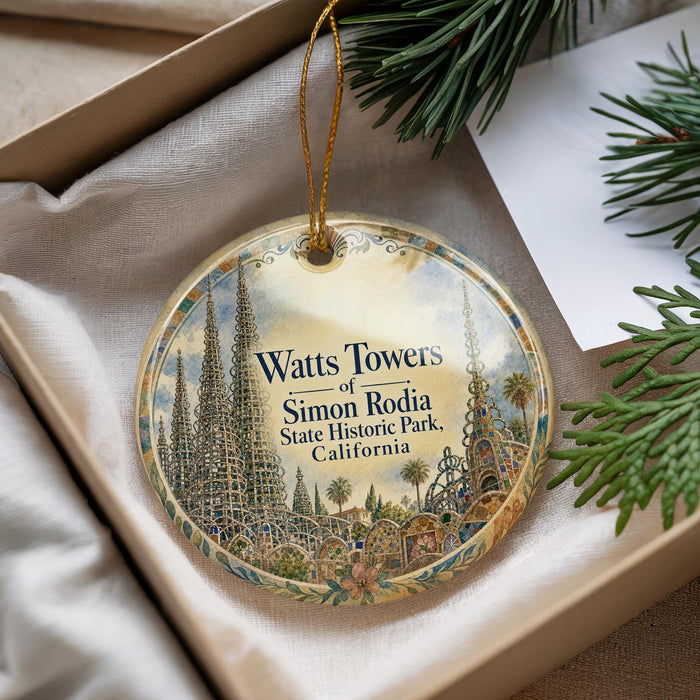 A decorative ornament with a picture of the Watts Towers in California, hanging from a string.
