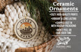 Ceramic ornaments, featuring a ceramic ornament with a city skyline design, are displayed in a woven basket.