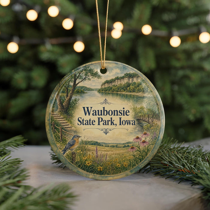 A round ornament with a scenic landscape of Waubonsie State Park, Iowa, featuring a bird, a bridge, and a river.