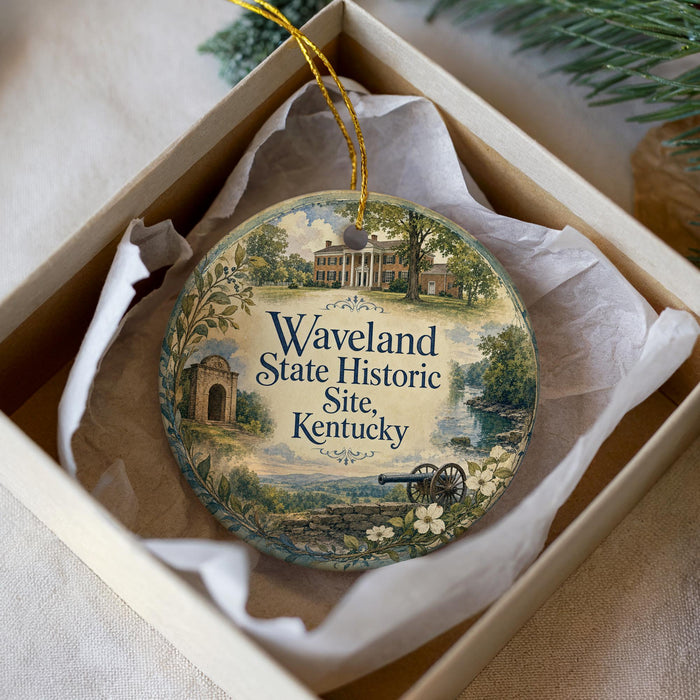 A decorative ornament in a box, featuring a scenic landscape with a house, trees, and a river.