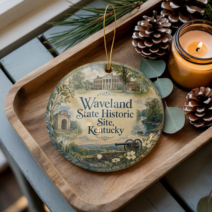 A decorative ornament with a painting of a state house and landscape, placed on a wooden tray with pine cones and a lit candle.