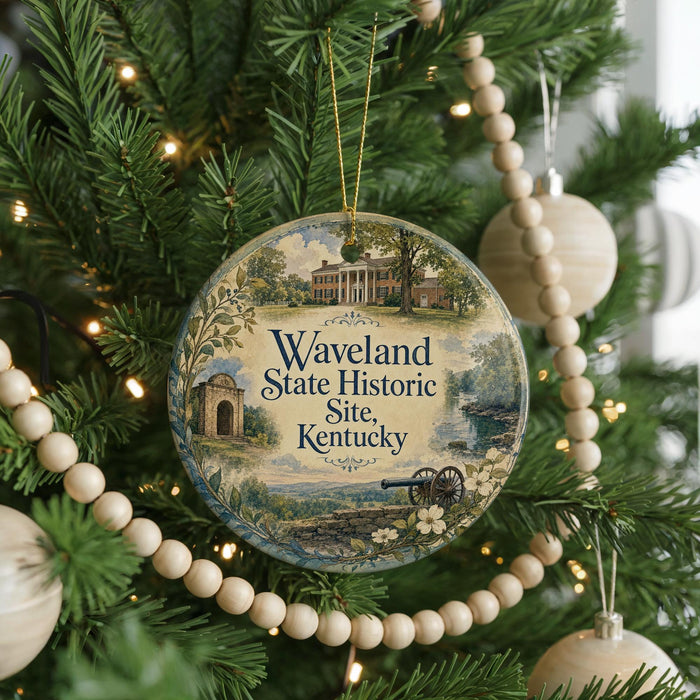 A circular ornament hanging on a Christmas tree, featuring a scenic image of a historic site in Kentucky.