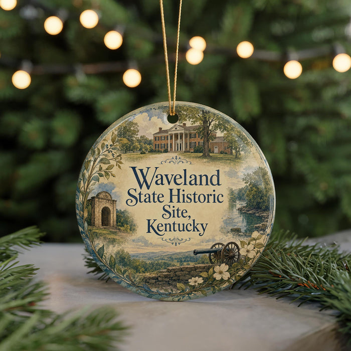 A round ornament with a painting of a historic site, surrounded by greenery and twinkling lights.