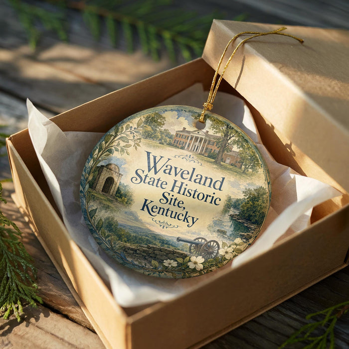 A decorative ornament in a wooden box, featuring a scenic landscape with a building and trees, along with the text "Waverland State Historic Site, Kentucky".