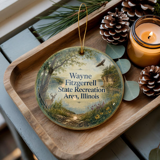 A wooden tray with a decorative ornament featuring a scenic landscape, pine cones, and a lit candle.