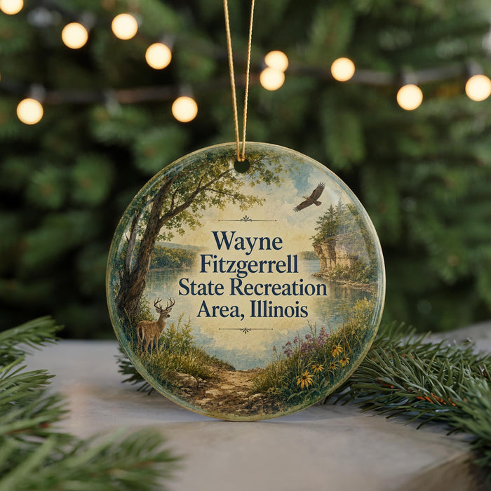 A round ornament with a scenic landscape featuring a deer, a bird, and a path, hanging from a string.