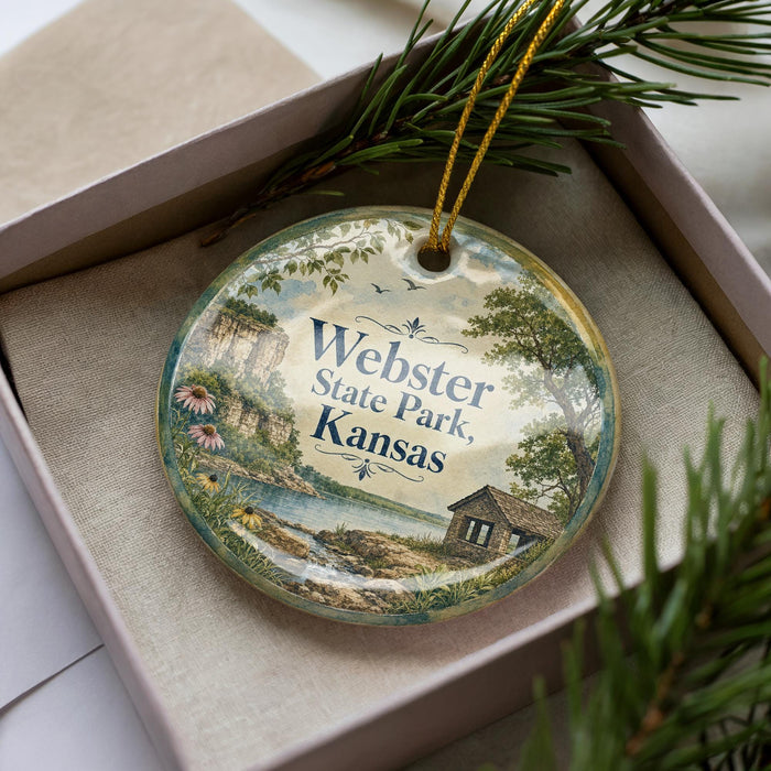 A decorative ornament with a scenic landscape of Webster State Park, Kansas, featuring a lake, mountains, and a cabin, is displayed in a box with pine branches.