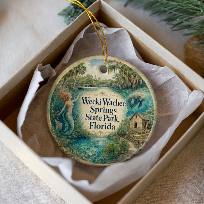 A round ornament with a mermaid and a house, surrounded by greenery, is displayed in a box.
