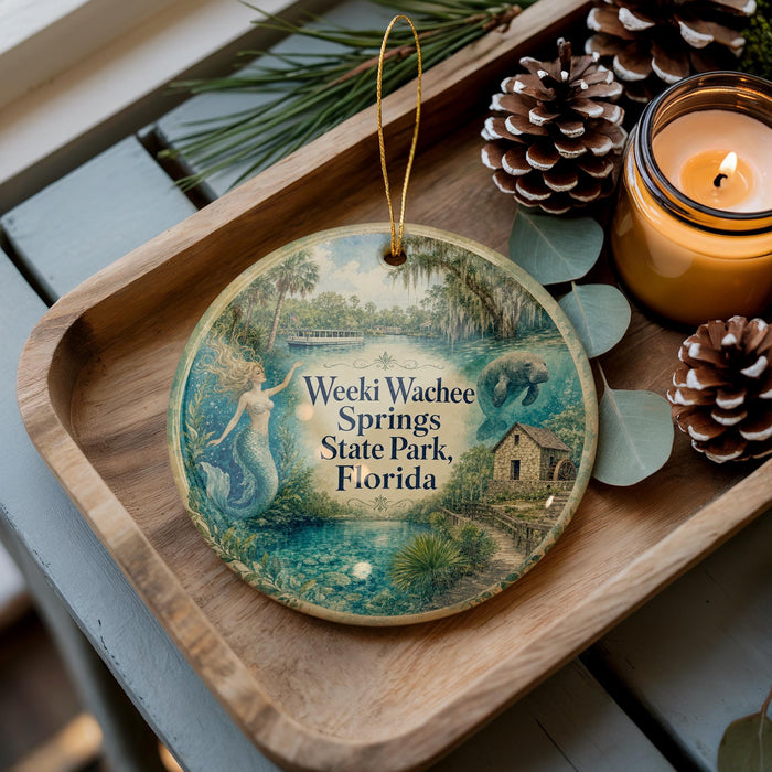 A decorative ornament featuring a mermaid and a serene landscape, with the text "Weeki Wachee Springs State Park, Florida" displayed prominently.