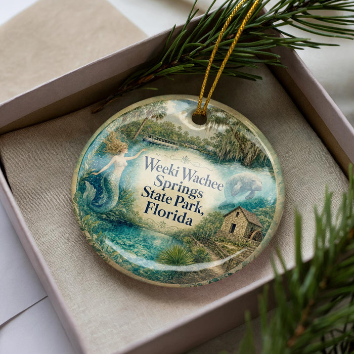 A round ornament with a mermaid and a scenic landscape, featuring the text "Weeki Wachee Springs State Park, Florida".