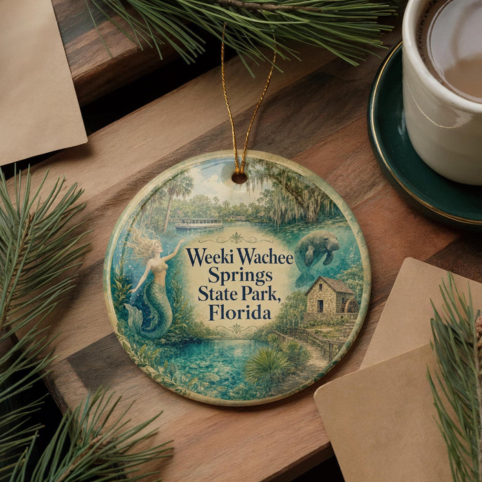 A round ornament featuring a mermaid and a house, with the text "Weeki Wachee Springs State Park, Florida" printed on it, is displayed on a wooden surface alongside a cup of coffee and some pine branches.