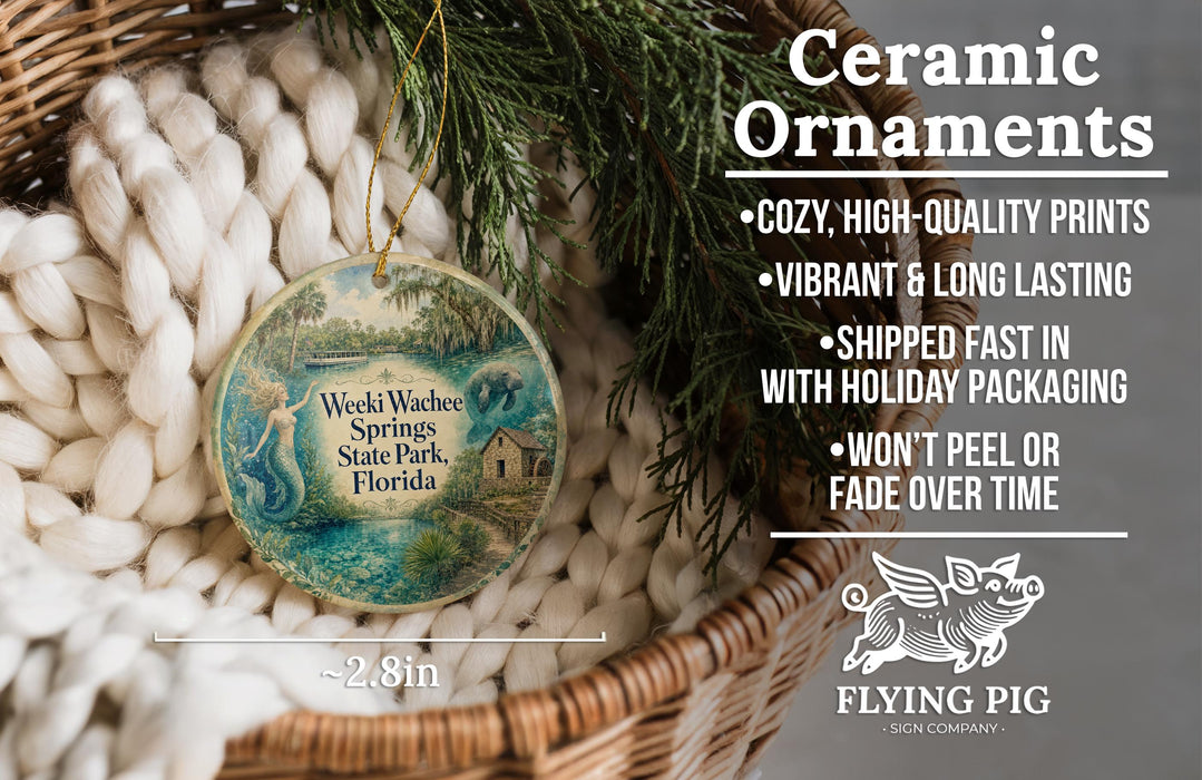Ceramic ornaments, featuring a round ornament with a scenic image of the Weeki Wachet Springs State Park, Florida, hanging from a wicker basket.