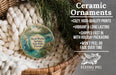 Ceramic ornaments, featuring a round ornament with a scenic image of the Weeki Wachet Springs State Park, Florida, hanging from a wicker basket.