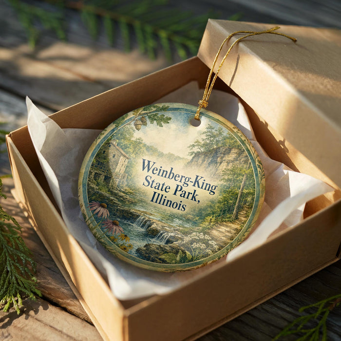 A round ornament in a wooden box, featuring a scenic landscape with a waterfall and greenery, with the text "Weinberg-King State Park, Illinois" printed on it.