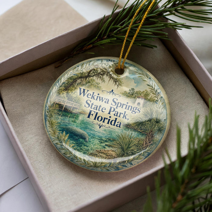 A decorative ornament in a box, featuring a scenic image of the Wekiva Springs State Park in Florida.