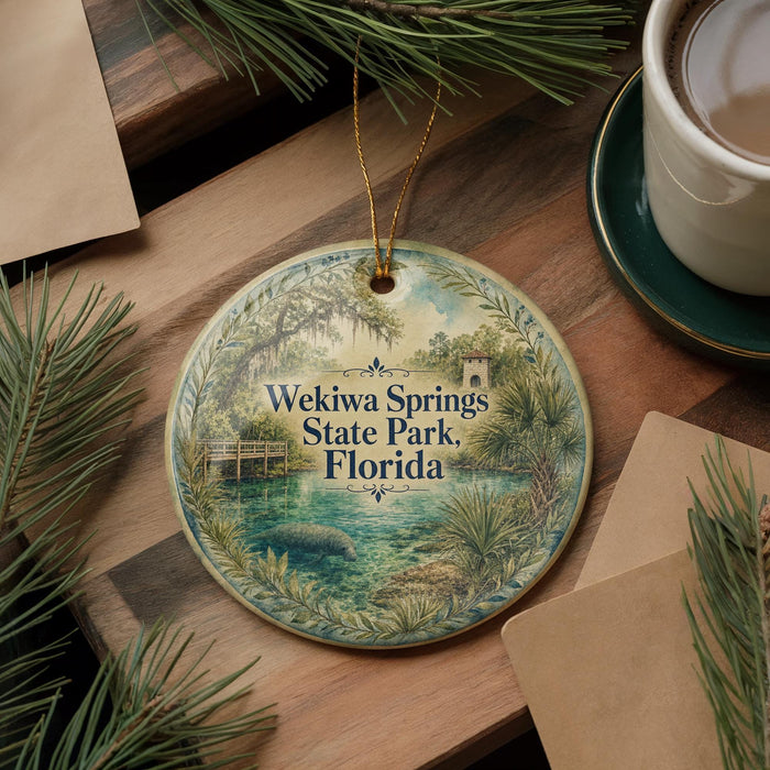 A circular ornament with a scenic image of Wekiva Springs State Park, Florida, hangs on a wooden surface.
