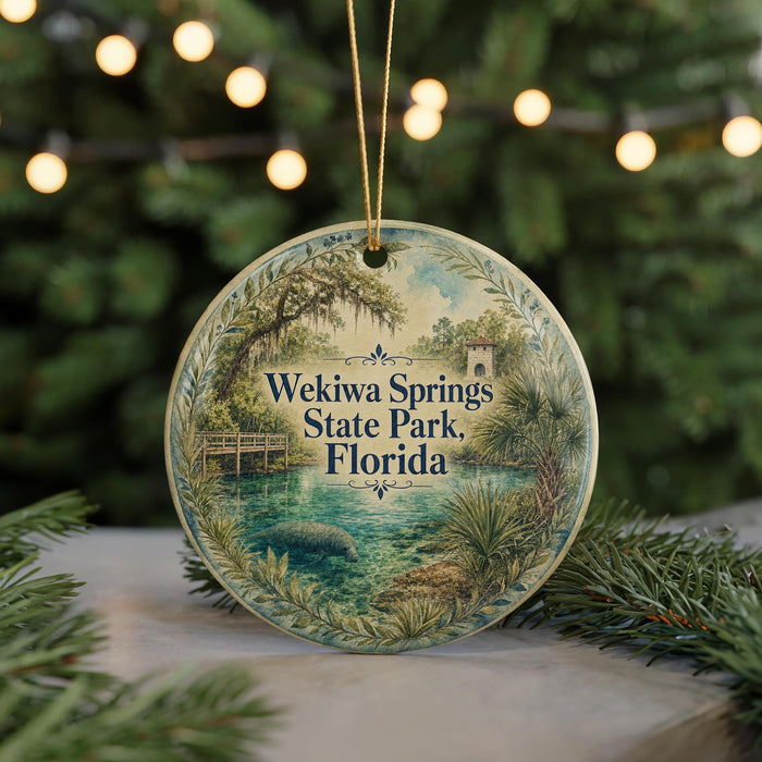 A circular ornament with a scenic image of Wekiva Springs State Park, Florida, surrounded by greenery and a string of lights.