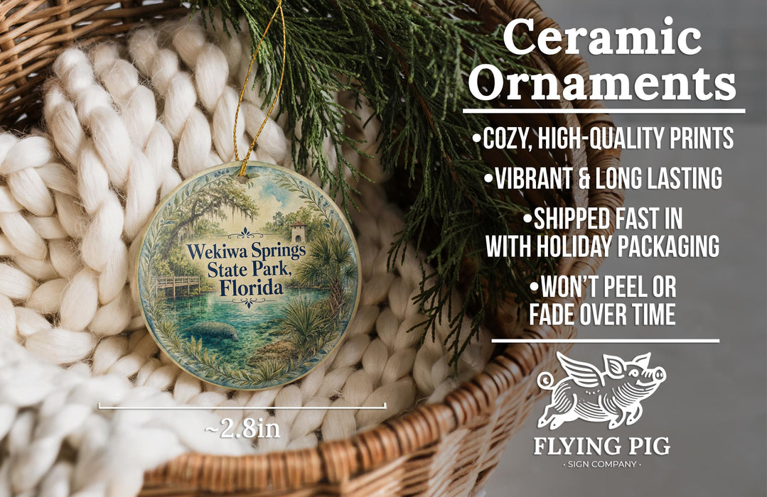 Ceramic ornaments, specifically a ceramic ornament with a tropical scene, are displayed in a basket.