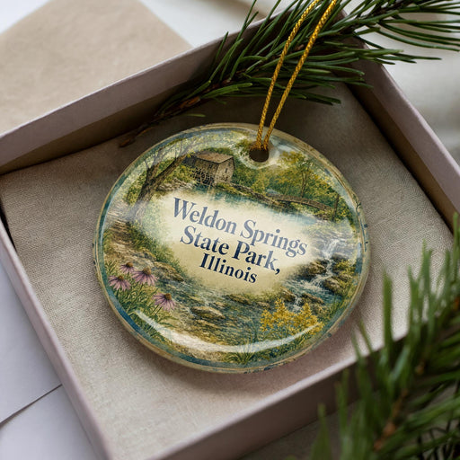 A decorative ornament in a box, featuring a scenic landscape with a house, trees, and a stream.